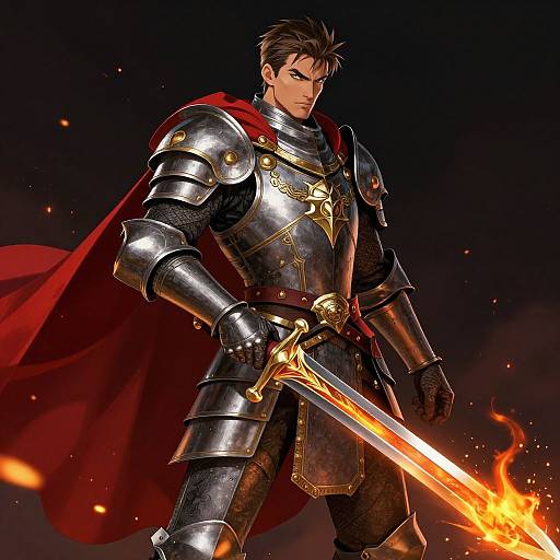 Digital art of a muscular, dark-haired knight in shiny silver armor, red cape, and holding a flaming sword, standing against a dark, fiery background