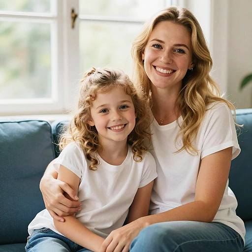 Happy Blonde Woman and Daughter on Couch