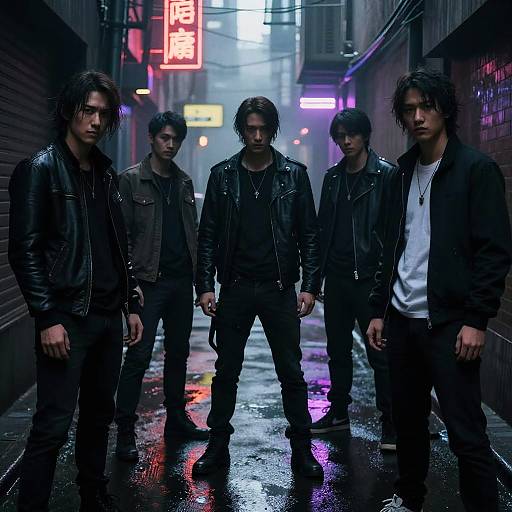 Photograph-style digital art: Five Asian men in black leather jackets and dark clothing stand in a neon-lit, rainy urban alley. Purple and red