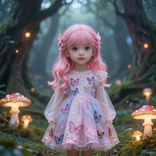 Photograph of a doll with pink hair, butterfly dress, standing in a mystical forest with glowing mushrooms and soft, ethereal light.