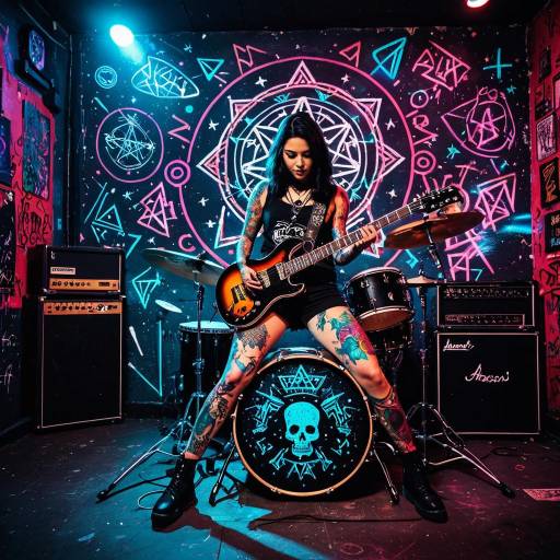 Glowing Tattooed Female Rock Musician in Graffiti