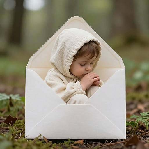 Photograph of a sleeping baby in a white hooded sweater, nestled in an open white envelope, on forest floor with moss and leaves. Blurred