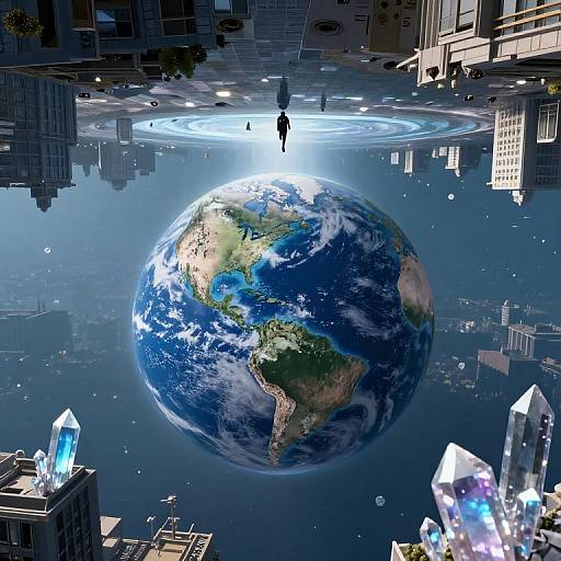 Digital illustration: Silhouetted figures on a glowing circular platform above a floating Earth, surrounded by skyscrapers, crystals, and cityscape.