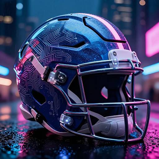 Photograph of a futuristic, blue and black NFL helmet with neon patterns, chrome accents, and a faceguard, set against a blurry cityscape with