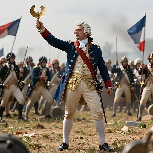 Photograph of a white male Revolutionary War officer in blue coat, white pants, and gold waistcoat, holding a crescent symbol, commanding troops with