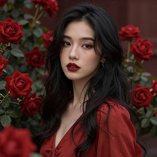 Photograph of a pale-skinned, dark-haired woman with deep red lipstick, wearing a red dress, surrounded by vibrant red roses.