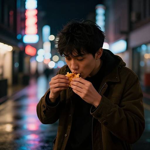 Photograph of a young man with short black hair, eating a sandwich on a rainy, neon-lit city street at night.