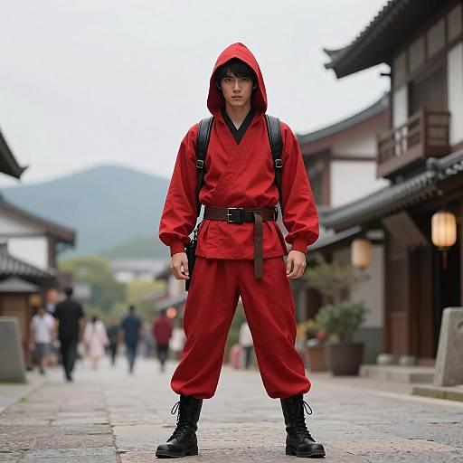 Young Man in Red Ninja Outfit on Traditional Street