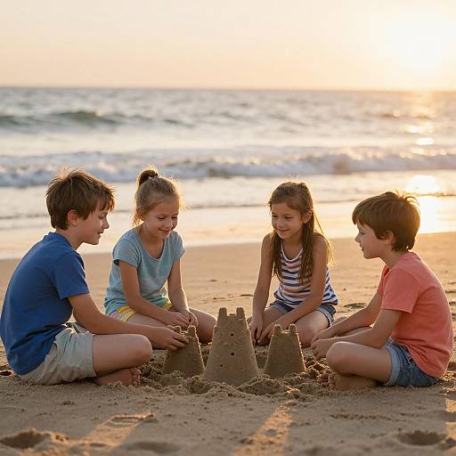 Kids Building Sandcastles at Sunset