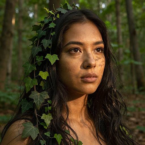 Photograph of a young woman with long, dark hair adorned with ivy leaves, standing in a sunlit forest. Her dark eyes and subtle makeup