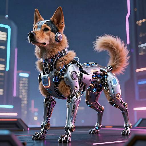 CGI image of a cybernetic German Shepherd with metallic legs and fur, standing in a neon-lit futuristic cityscape.
