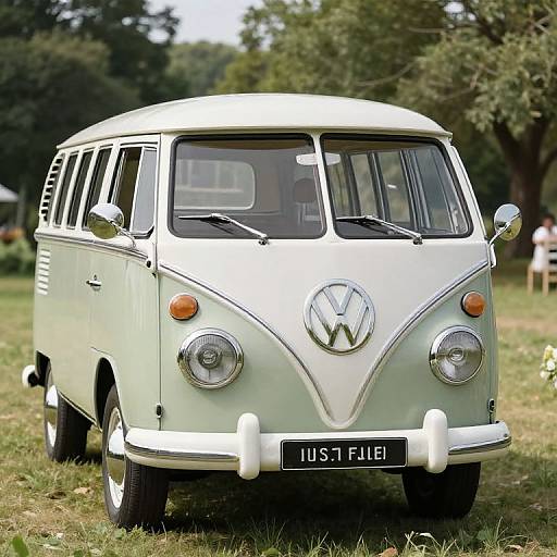 Photograph of a mint-green vintage Volkswagen Type 2 van with white trim, license plate 