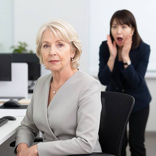 Photograph of a shocked older blonde woman in a light gray blazer seated in an office, with a surprised younger woman in black standing behind her,