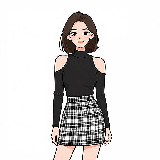 Digital anime-style drawing of a smiling young woman with shoulder-length black hair, wearing a black off-shoulder turtleneck and a black-and-white