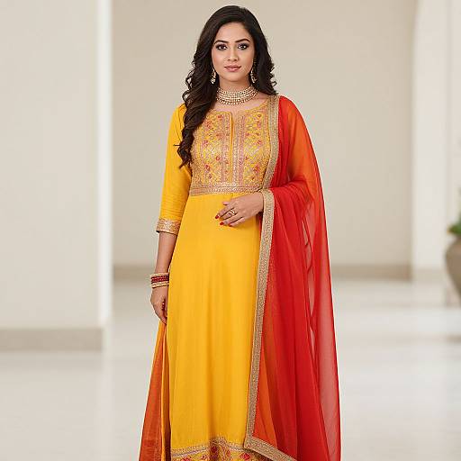 Photograph of an Indian woman with long black hair, wearing a yellow kurta with red dupatta, gold embroidery, and red bangles, standing