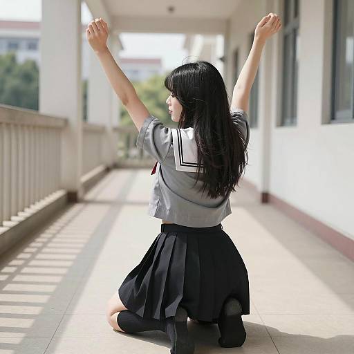 Japanese Schoolgirl in Sunlit Corridor