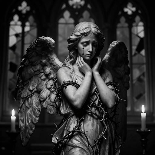 Black-and-white photograph of a sorrowful, winged angel statue with thorny vines, hands clasped, in a dimly lit church with lit