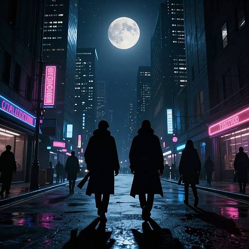 Neon-lit city street at night, full moon overhead, silhouetted pedestrians in coats walk on wet pavement, colorful neon signs on buildings