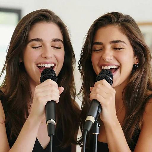 Photograph of two smiling, long-haired, young women with fair skin, holding black microphones, singing together, wearing black sleeveless tops.
