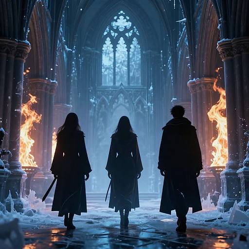 Photograph of three silhouetted figures in medieval robes, walking through a snowy, gothic cathedral with flaming torches and tall arches.