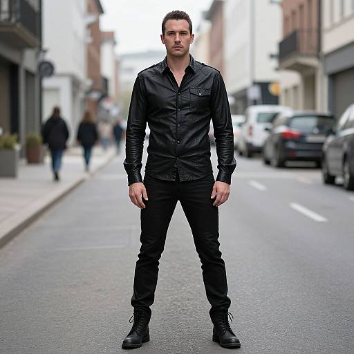 Photograph of a tall, attractive, dark-haired man in black leather jacket, button-up shirt, and pants, standing confidently in an urban street.