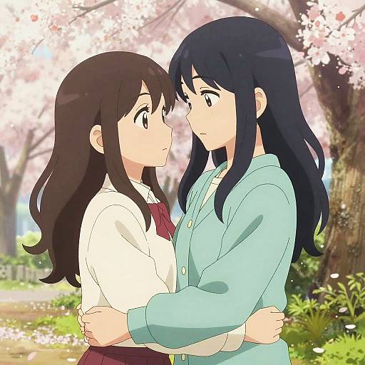 Anime-style digital illustration of two girls with long hair, one in a white blouse and red bow, the other in a blue cardigan, hugging