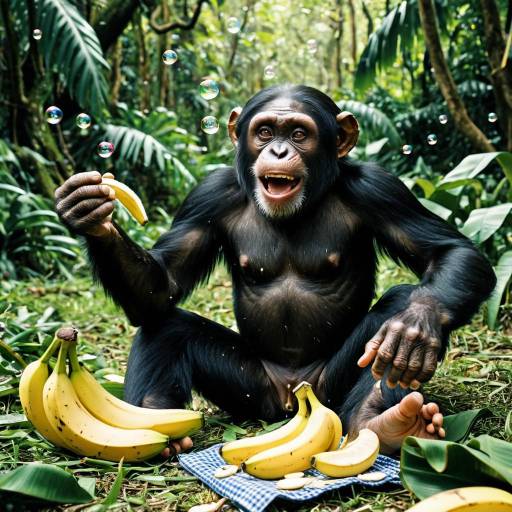 Playful Chimpanzee Eating Bananas in Jungle