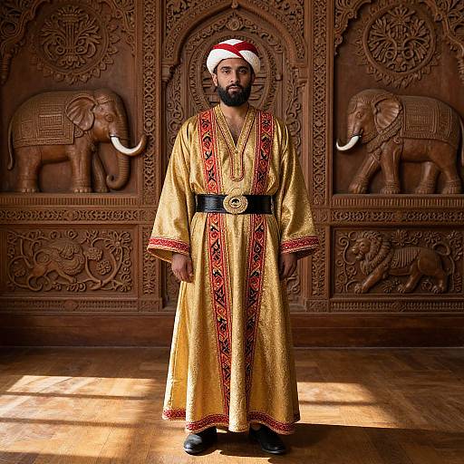 Photograph of a bearded man in a golden, red-trimmed traditional Indian robe and Santa hat, standing in front of intricately carved wooden