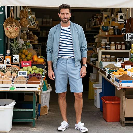 Photograph of a bearded man with short brown hair, wearing a striped shirt, light blue cardigan, and shorts, standing in a vibrant market