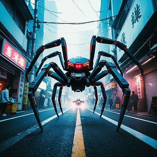 Futuristic Mech Spider in Neon-lit Tokyo Alley
