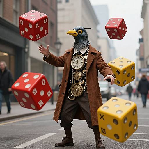 Photograph of a street performer in a bird mask, brown coat, and clock vest, juggling red and yellow dice on a city street.