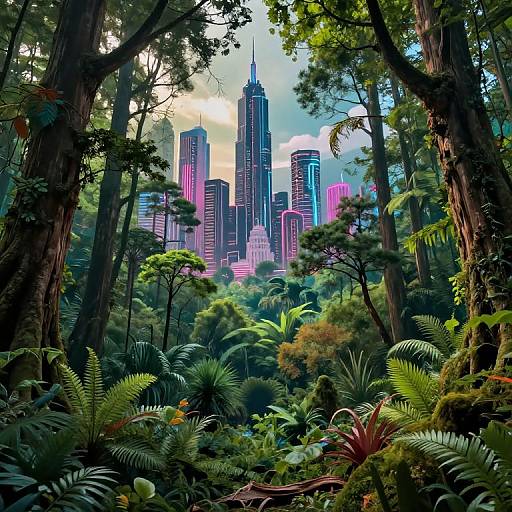 Digital artwork of a vibrant, neon-lit futuristic city skyline peeking through a dense, lush jungle with towering trees and ferns.