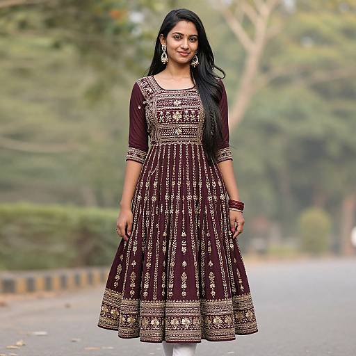 Photograph of a smiling South Asian woman with long black hair, wearing a maroon traditional Indian dress with gold embroidery, standing on a tree-lined street