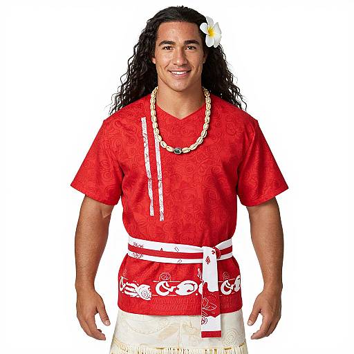Photograph of a smiling, medium-built man with long black curly hair, wearing a red shirt, white belt, and flower lei, against a white