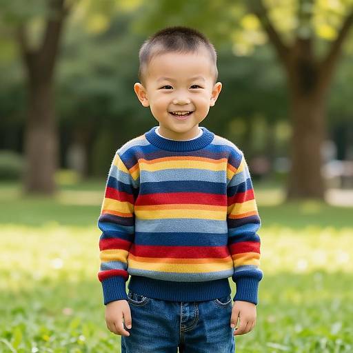 Photograph of a smiling Asian boy with short black hair, wearing a colorful striped sweater and blue jeans, standing in a bright, sunlit park with