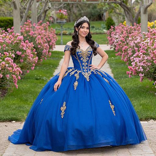 Photograph of a young woman with long black hair in a blue, gold-embellished ball gown, standing in a garden with pink flowers and