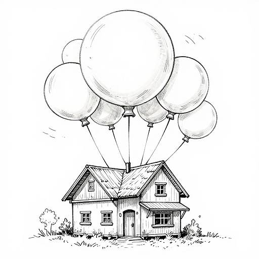 Black and white sketch of a small house with five large balloons tied to its roof, floating upwards. Detailed roof and windows, simple background.