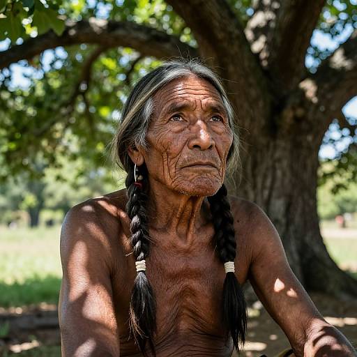 Photograph of an elderly, topless Indigenous woman with dark braided hair, wrinkled brown skin, and deep-set eyes, sitting under a large