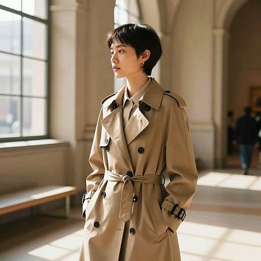 Woman in Trench Coat with Short Undercut Hairstyle in Museum