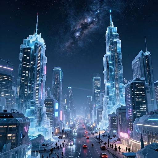 CGI futuristic cityscape at night, glowing blue skyscrapers, illuminated street, starry sky, Milky Way, people walking, cars driving,