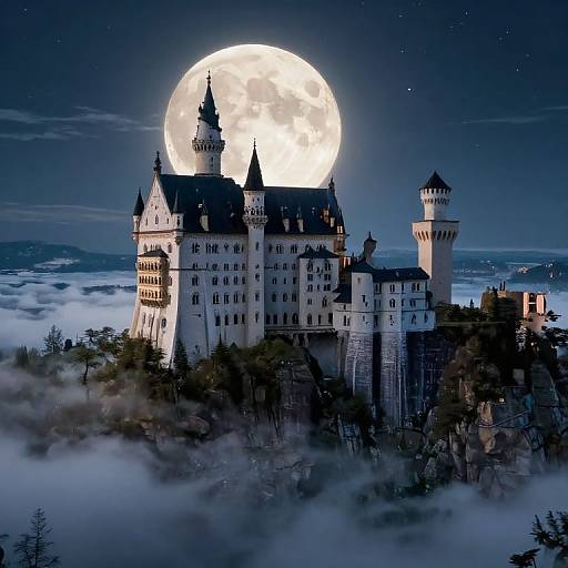 Photograph of a Gothic-style castle with tall spires illuminated by a bright full moon, surrounded by mist and forest, under a starry night sky