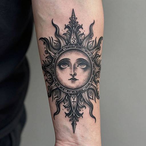 Black ink tattoo of a sun with a serene, detailed female face, surrounded by intricate flames, on a pale arm.