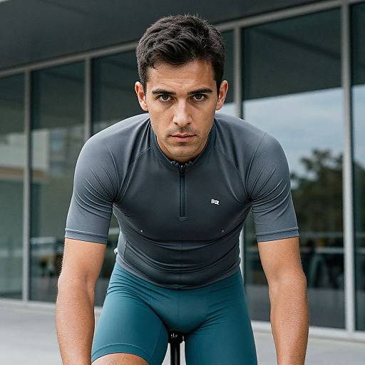 Photograph of a muscular, dark-haired man in a tight, gray Under Armour cycling outfit, leaning forward, with a modern glass building background.