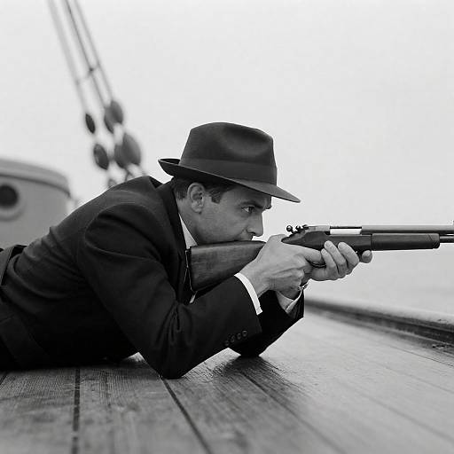 Noir Detective Aiming Gun on Deck