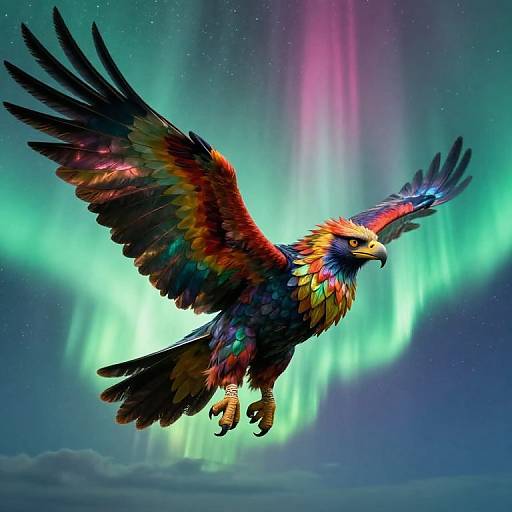 Colorful eagle with rainbow feathers soaring against a backdrop of vivid green and pink aurora borealis, digital art.