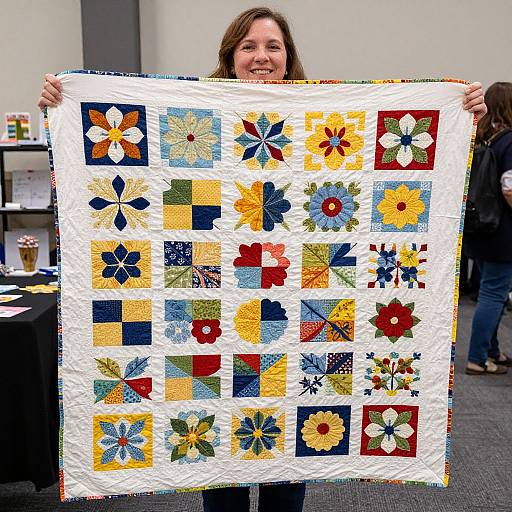 Woman Showcasing Vibrant Floral Quilt