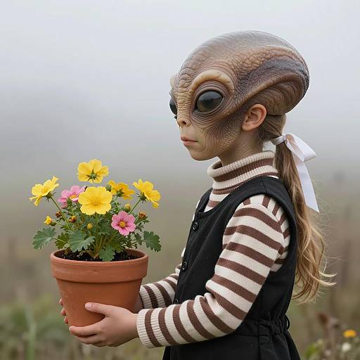 Child Wearing Alien Mask Holding Flower Pot