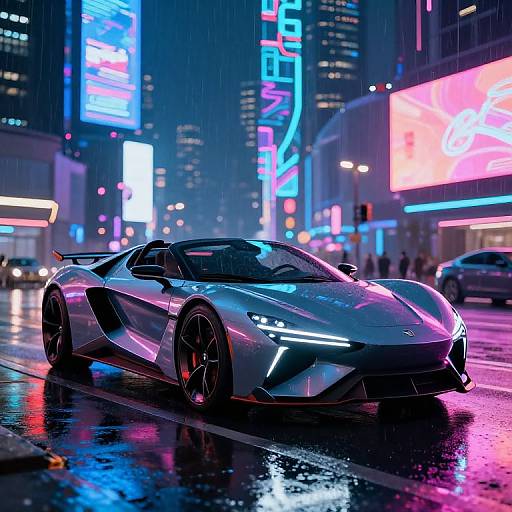 Neon-lit cyberpunk city night scene with a sleek, silver, futuristic sports car parked on a wet, reflective street, surrounded by vibrant,