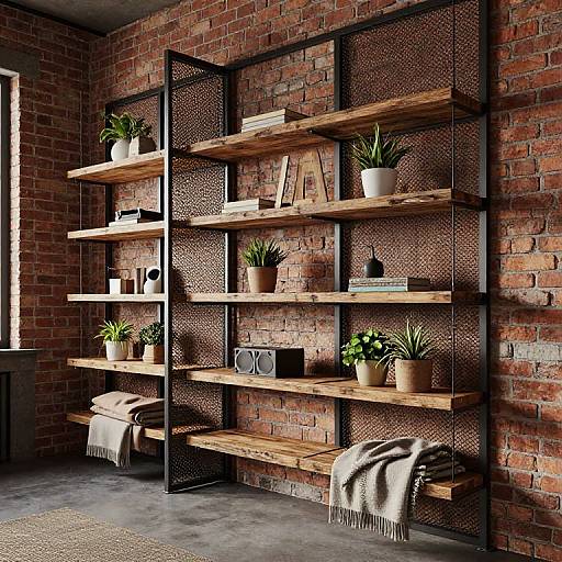 Photograph of rustic wooden shelving with black metal frame, holding potted plants, books, and decor against a red brick wall.