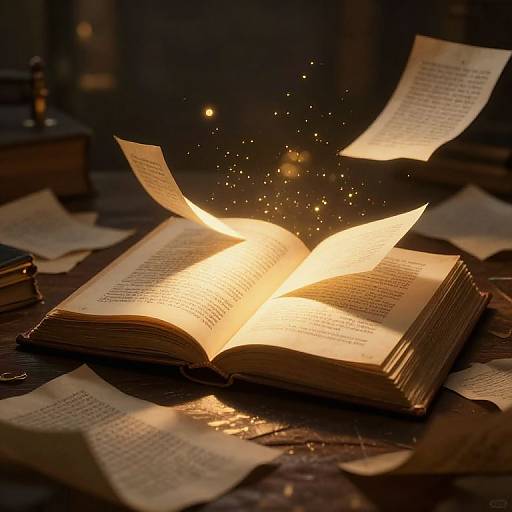 Photograph of an open book glowing with magical light, surrounded by floating papers, in a dimly lit, rustic setting.